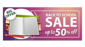 regreso a la escuela, banner web de descuento con libros de texto escolares y cuaderno vector