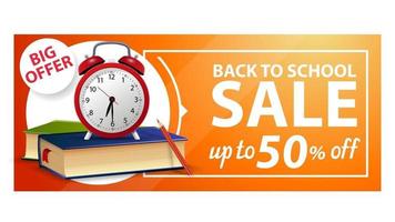 Back to school, discount web banner with school books and alarm clock vector