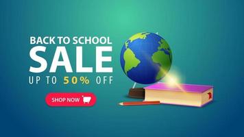 Back to school, discount web banner in minimalist style with globe vector