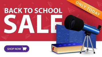 Back to school sale, modern discount banner with button, telescope
