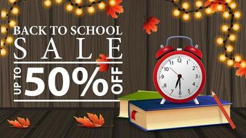 Back to school sale, discount web banner with wooden texture vector