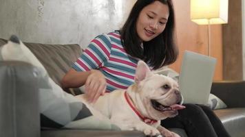 Casual freelance Asian woman working from home with her dog video