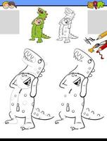 drawing and coloring task with boy in dinosaur costume vector