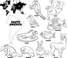 cartoon South American animals set coloring book page vector