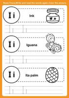 Ejercicio del alfabeto con vocabulario de dibujos animados para colorear libro vector