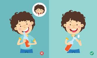 wrong and right ways for open the bottle with his teeth vector