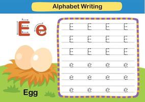 Alphabet Letter exercise E-Egg with cartoon vocabulary vector