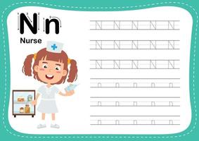 Alphabet Letter N - Nurse exercise with cut girl vocabulary vector