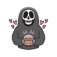 calavera parca con hamburguesa, ilustración para pegatinas y camiseta. vector