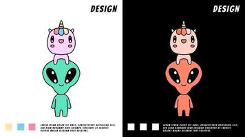 Plittle alien y unicornio, ilustración para camiseta, póster, pegatina vector