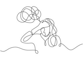 Sad, unhappy young woman continuous line drawing. Psychology problem vector
