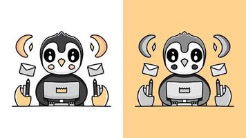 cute penguin playing a laptop cartoon. illustration for sticker. vector