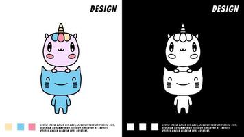 unicornio kawaii y gato, ilustración para camiseta, póster, pegatina vector