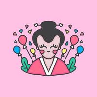geisha con globo. ilustración de dibujos animados. vector
