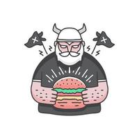 vikingo barbudo con hamburguesa, ilustración para pegatinas y camiseta. vector