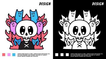 kawaii skull with unicorn and cat doodle illustration. For t-shirt vector