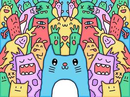colorful doodle cartoon cat and monster vector