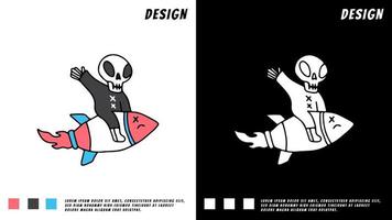 cute skull ride a rocket, cartoon illustration vector