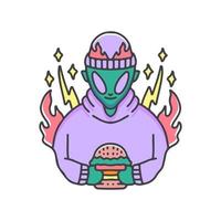 alienígena en gorro con hamburguesa, ilustración para pegatinas y camiseta. vector