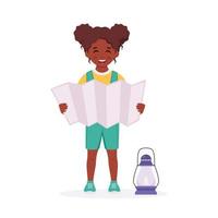 Little black girl scout with map. Camping, summer kids camp. vector