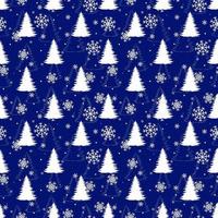 Seamless winter pattern with white pines and snow on blue. vector