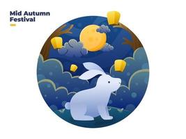 Mid-autumn festival flat illustration with beautiful moon and rabbit vector