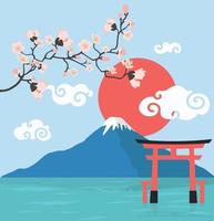 Pink floral branch and Mount Fuji with torii gate background vector