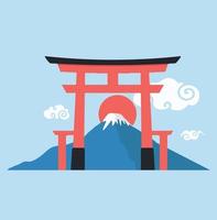 Mount Fuji red sun with torii gate vector