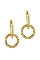 Golden sparkling earrings with protection symbol isolated on a white