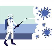 Man hazmat of disinfection spraying corona covid 19 poster background vector