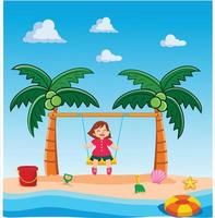 Little Girl Playing Swing on Beach Vector illustration in flat design