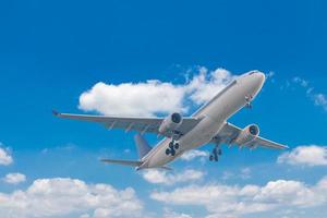 Commercial airplane flying with blue sky background photo