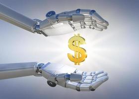 Robot hand holding golden 3D money sign in light overlay photo