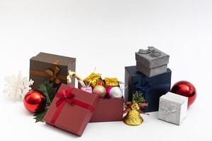 present box with color ribbon on white background photo