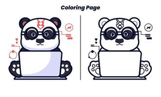 panda playing computer with coloring pages suitable for children vector