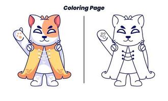 cat hero greets with coloring page vector