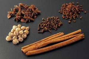 Assorted colorful spices on a black background. photo