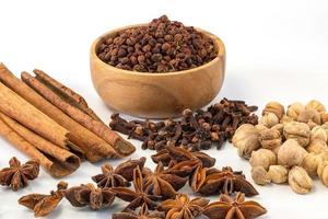 Assorted colorful spices on a white background. photo