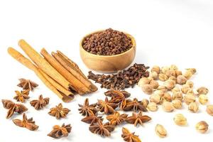 Assorted colorful spices on a white background. photo