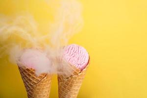 Delicious ice cream in a waffle cone on yellow photo