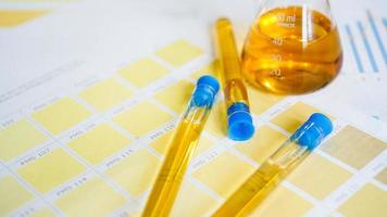 Flask and test tubes with urine on medical color schemes photo