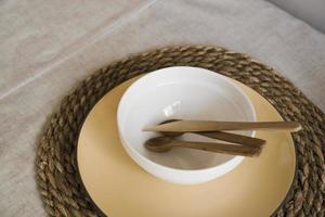 Natural crockery tableware. Dishes neutral tones, scandinavian style photo