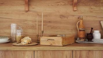 Wooden interior of modern kitchen. Scandinavian style, rustic style. photo