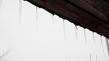 Icicles which are hanging down from a roof photo