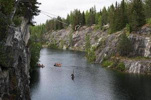 Trolley, equipment on steel cables over a mountain river photo