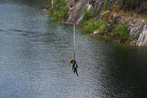 Trolley, equipment on steel cables over a mountain river photo