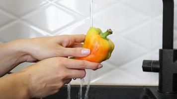 Female hands washing yellow and red color pepper photo