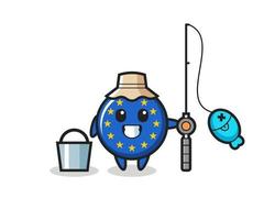 Personaje de mascota de la insignia de la bandera de Europa como pescador. vector