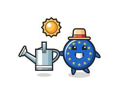 Cartoon character of europe flag badge holding watering can vector