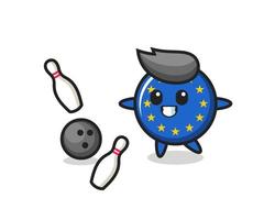 personaje de dibujos animados de la insignia de la bandera de europa está jugando a los bolos vector